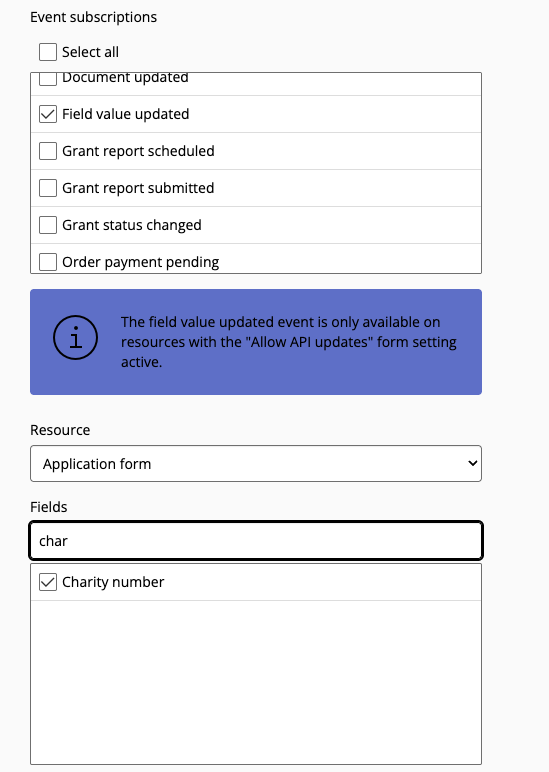 Webhook settings showing the resource and field inputs.