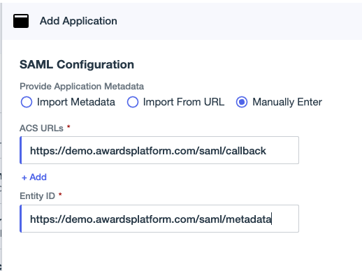 Add application ACS URLs and Entity ID example