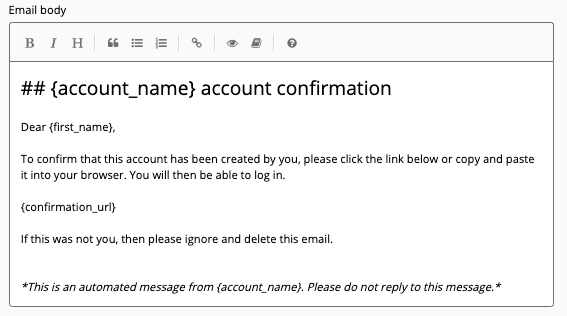 Account confirmation notification example