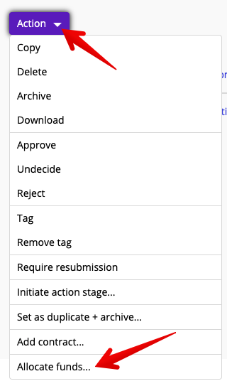 Allocate funds in Action drop-down