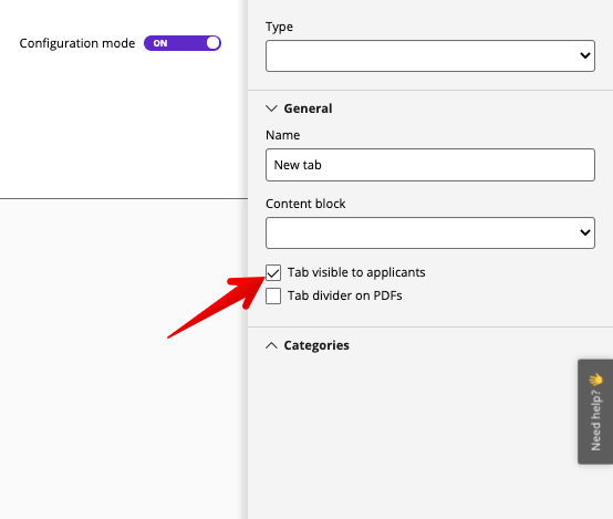 Tab visible to applicants checkbox