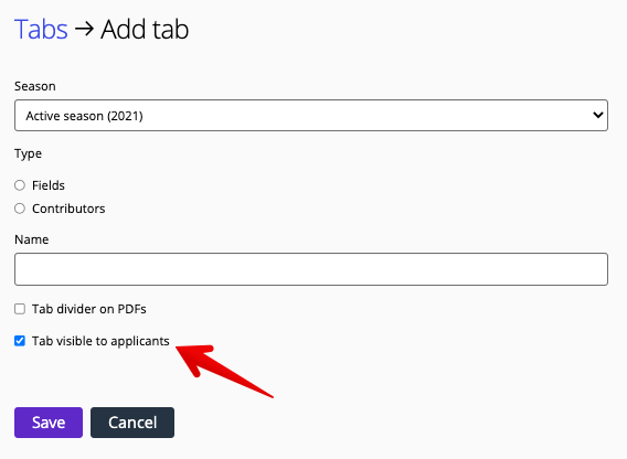 Tab visible to applicants checkbox