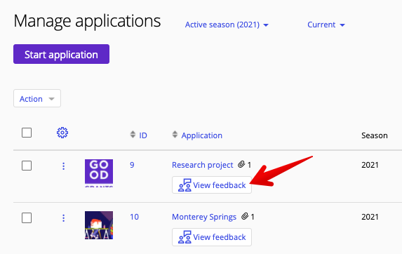 View feedback button next to applications