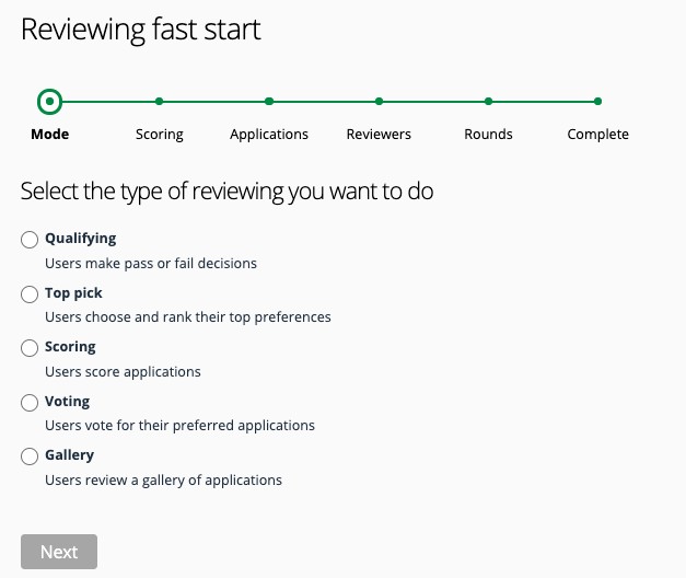 Select the type of reviewing you want to do radio button list in the reviewing gast start
