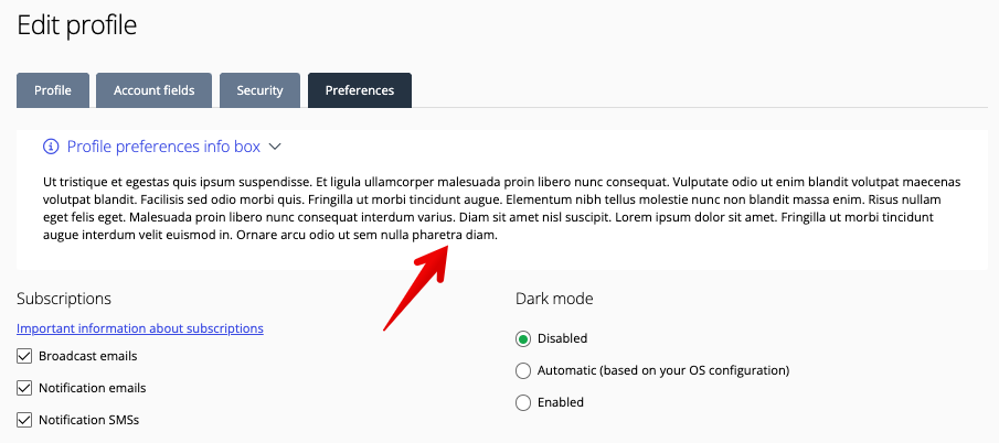 Profile preferences info box example