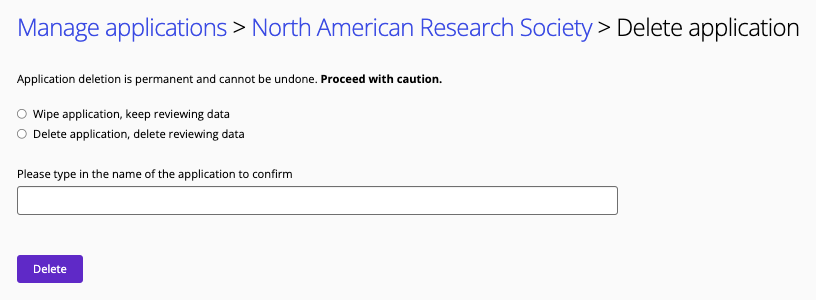 Permanent deletion of an application screen