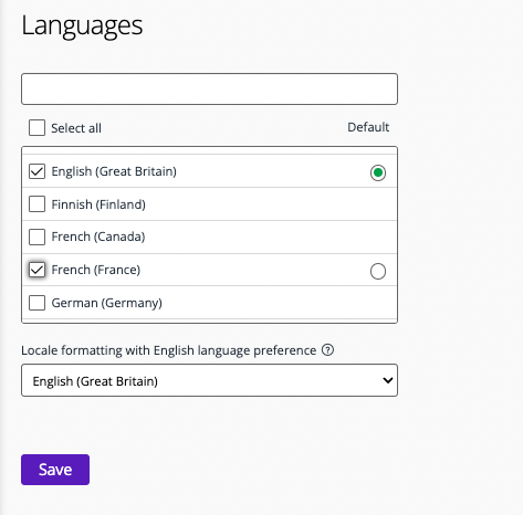 Select default and allowed languages