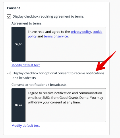 Broadcast and notification consent checkbox
