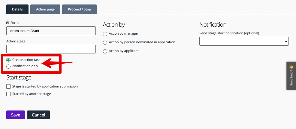 Creation action task or Notification-only radio buttons