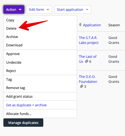 Delete in Action drop-down