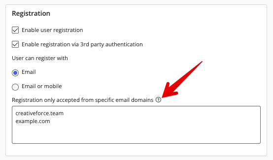 Registration only accepted from specific email domains box under Registration