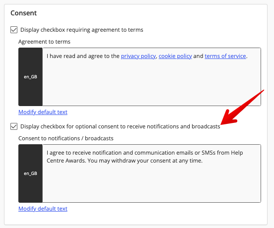 Display checkbox for optional consent to receive notifications and broadcasts under Consent