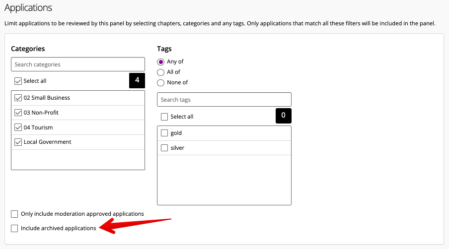 Include archived applications option in panel configuration