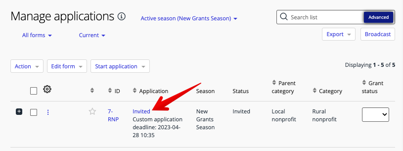 Invited application in Manage applications list view