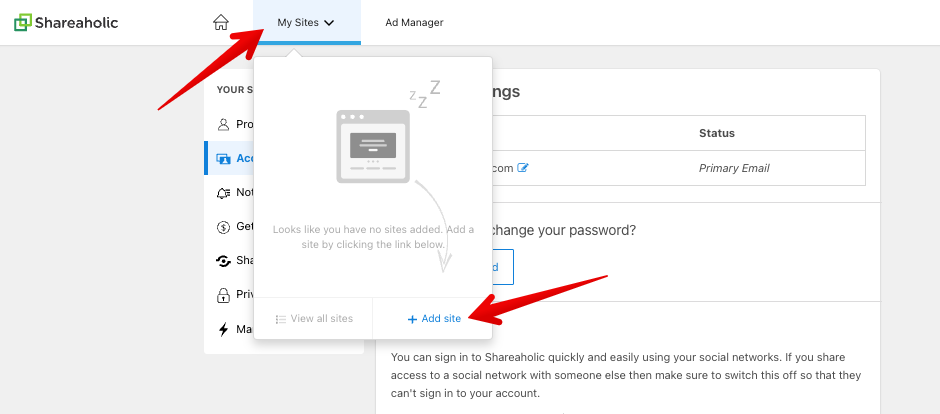 Add site option in My Sites drop-down