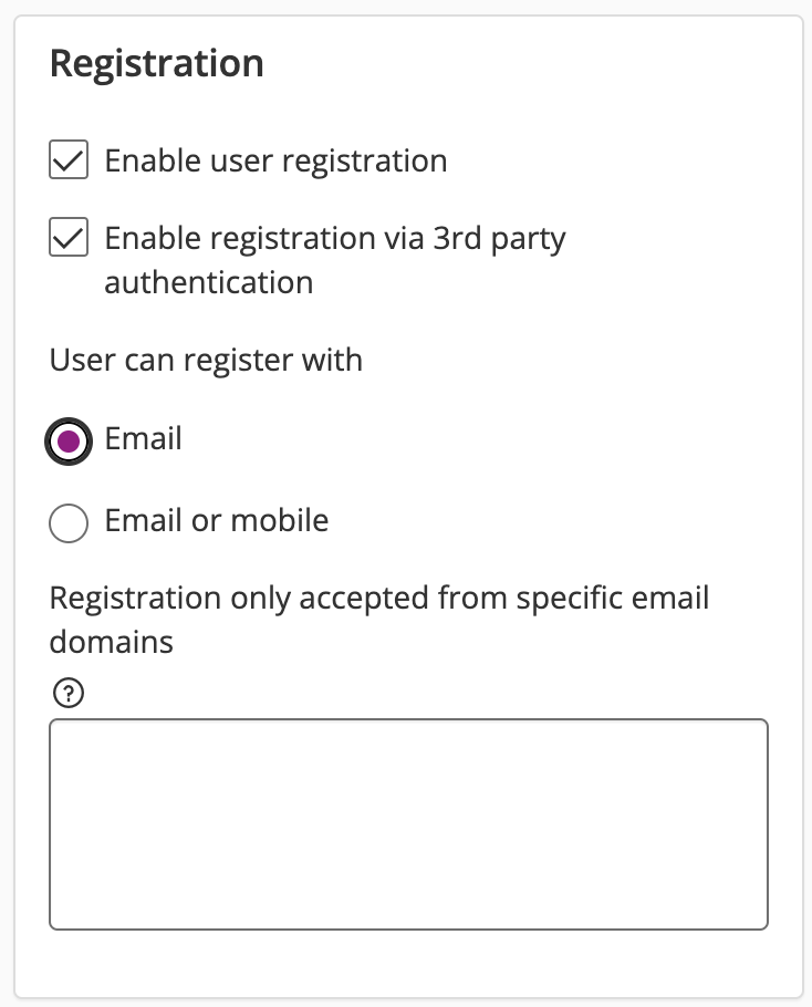 Registration settings showing the Email field checked