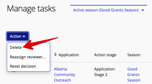 Delete in action drop-down