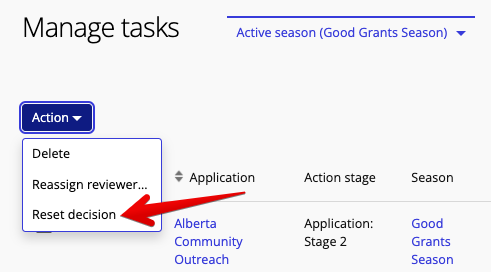 Reset decision in action drop-down